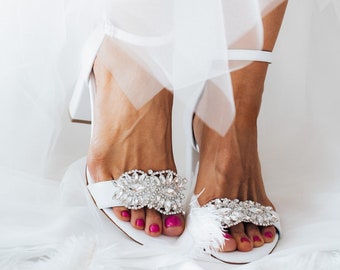 Block heel white leather wedding shoes,"Nicole" hand decorated with crystal trim, handmade white leather sandals, bridal comfortable shoes