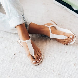White T-strap leather sandals, Greek sandals, gift for her