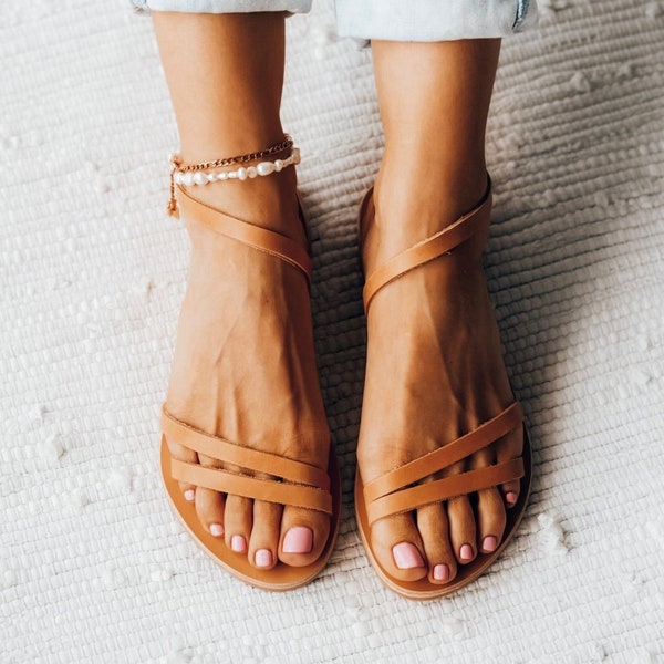 Sandales en cuir marron naturel, sandales spartiates grecques, chaussures d'été, cadeau pour elle, 100 % cuir véritable.