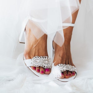 Block heel white leather wedding shoes,&quot;Nicole&quot; hand decorated with crystal trim, handmade white leather sandals, bridal comfortable shoes