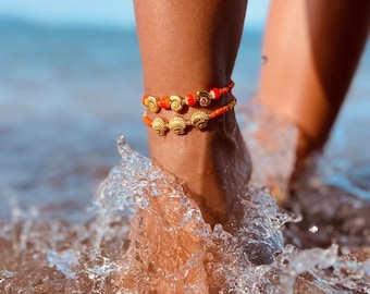Tobillera con cuentas naranjas y conchas doradas, Tobillera con cuentas de colores, Joyería para el cuerpo, Joyería para los pies, Chapado en oro de 24 quilates, Joyería para el cuerpo de conchas, Regalo para ella