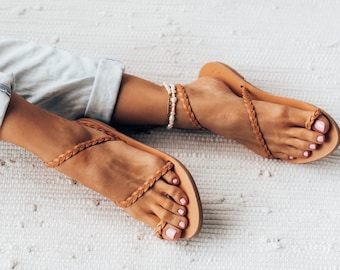Sandalia de piel griega Eileen, sandalia con tiras trenzadas, sandalias estilo Grecia