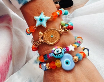 Summer bracelets combination ,evil eye shell bracelet,protection eye ,good vibes,semiprecious,starfish bracelets, gift for her,birthday