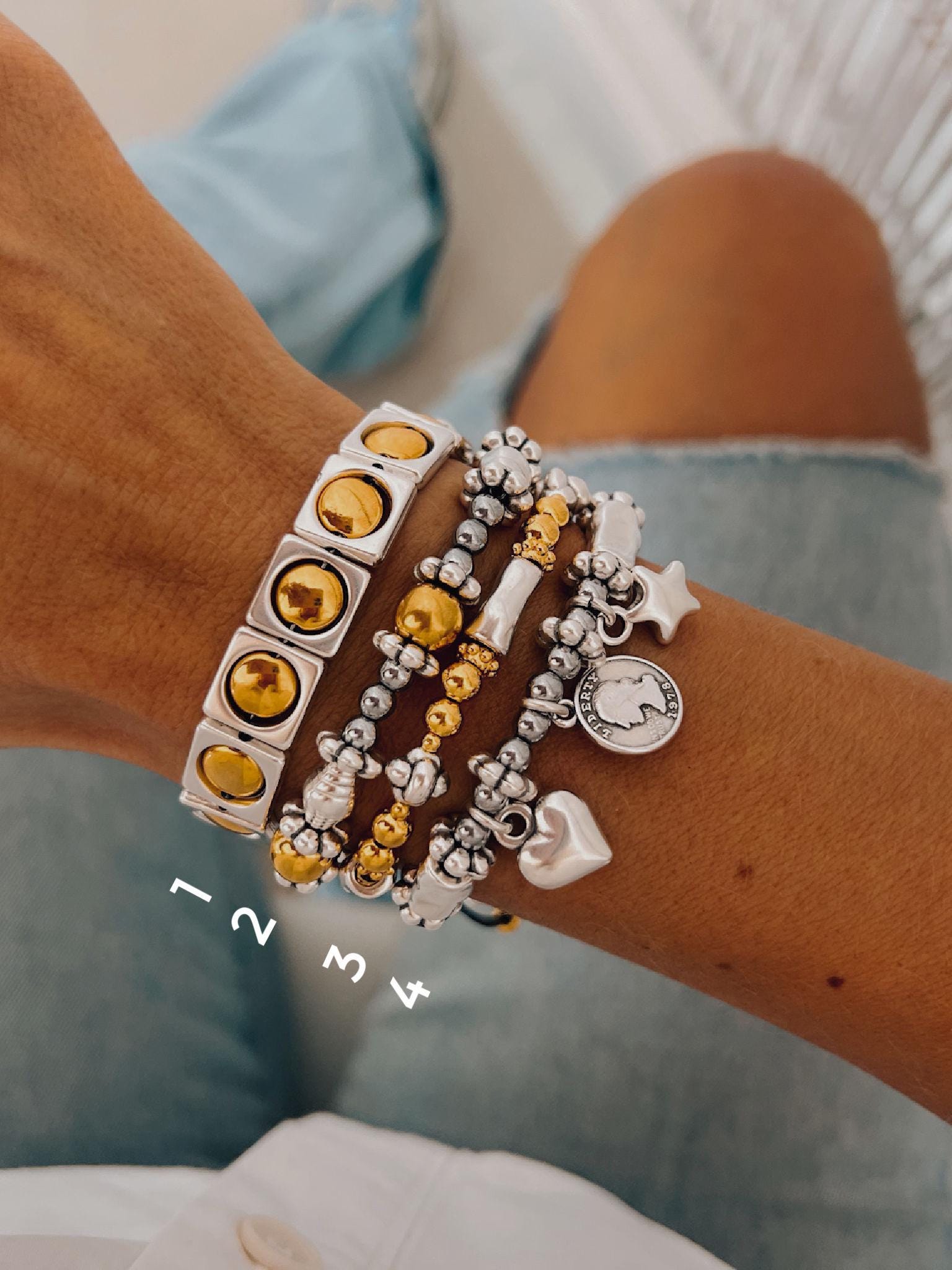 Silver & Gold Charm Bracelet | Stackable Beaded Layering Bracelets - Etsy