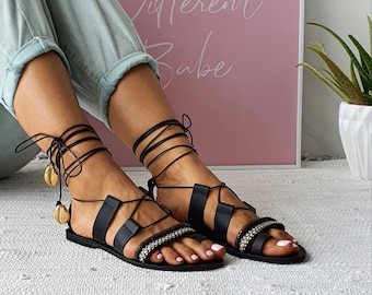 Genuine leather sandals,black tie ups, shell sandals