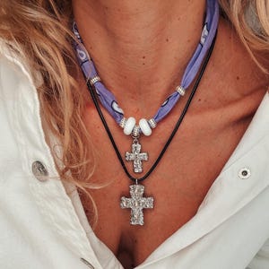 Bohemian lilac bandana with silver cross detail and large cross on black leather, beach jewelry,gift for her, ocean bohemian