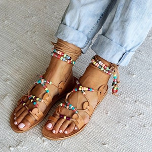 Rainbow tie up sandals, greek leather sandals, boho sandals,beach sandals,gift for her,beaded sandals , beaded laces image 6