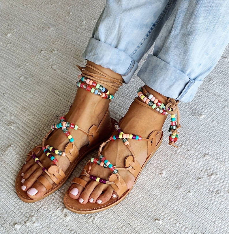 Rainbow tie up sandals, greek leather sandals, boho sandals,beach sandals,gift for her,beaded sandals , beaded laces image 6