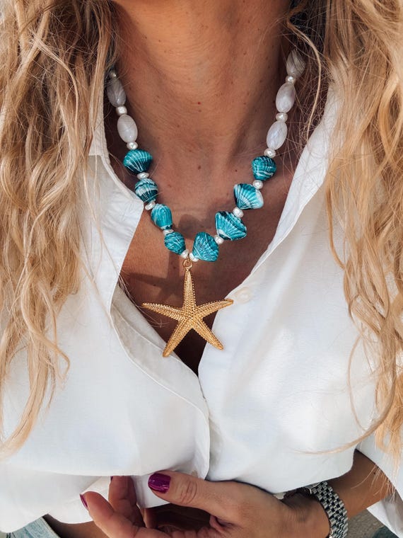 Gold Starfish Statement Necklace, Scallop Shell Jewelry, Sea Green