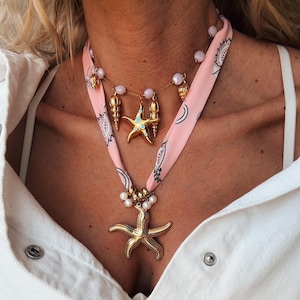 Pink crystal choker  with gold shells and starish and pink scarf necklace with ocean charms, ocean jewelry,birthday gift,anniversary gift