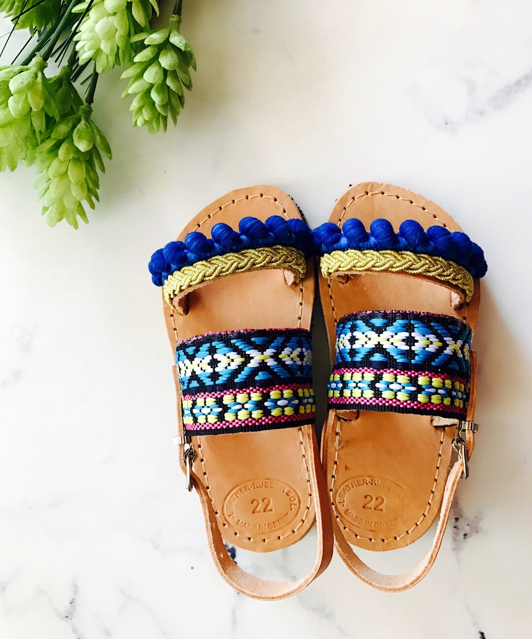 Greek Real Leather Handmade Boho Sandals,pompomsandals,gold Braid