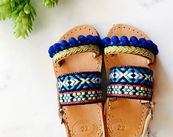 Greek real leather handmade boho sandals,pompomsandals,gold braid chic"Yvonne",girls sandals , baby ethnic sandals