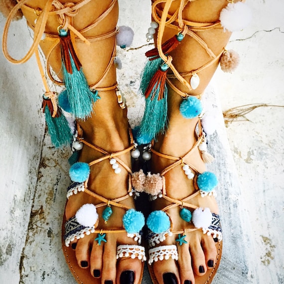 Sandals with tassels and pom poms best sale