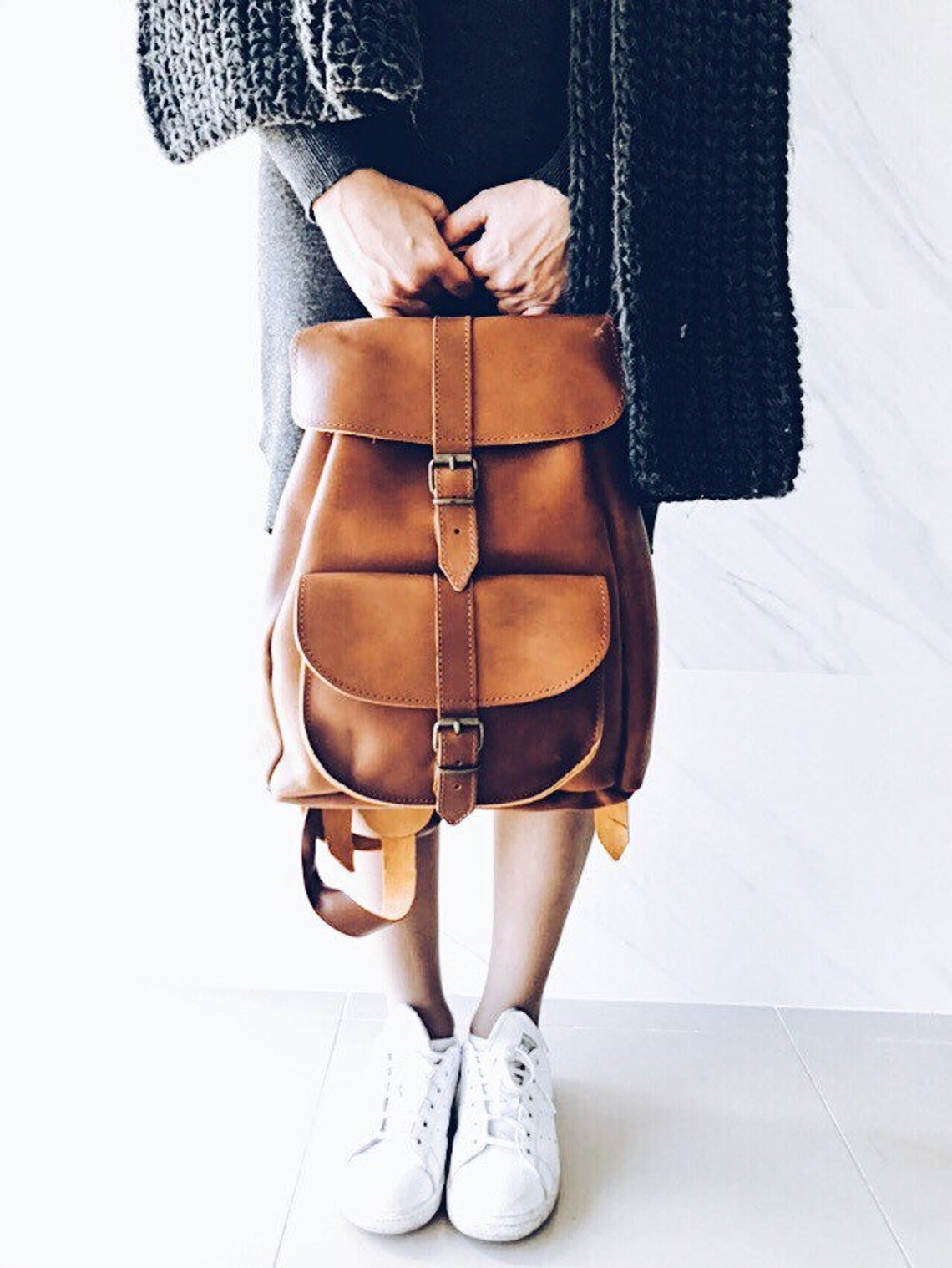 Real Leather Backpack with Two Front Pockets - Brown