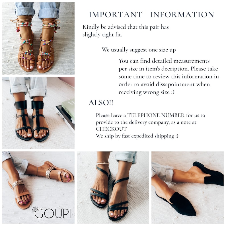 May include: A close-up of three pairs of sandals. The sandals are all black leather with a variety of straps. The sandals are on a white background. The text "IMPORTANT INFORMATION" is visible in the image. The text reads: "Kindly be advised that this pair has slightly tight fit. We usually suggest one size up. You can find detailed measurements per size in item's description. Please take some time to review this information in order to avoid disappointment when receiving wrong size :) ALSO!! Please leave a TELEPHONE NUMBER for us to provide to the delivery company, as a note at CHECKOUT We ship by fast expedited shipping :)"