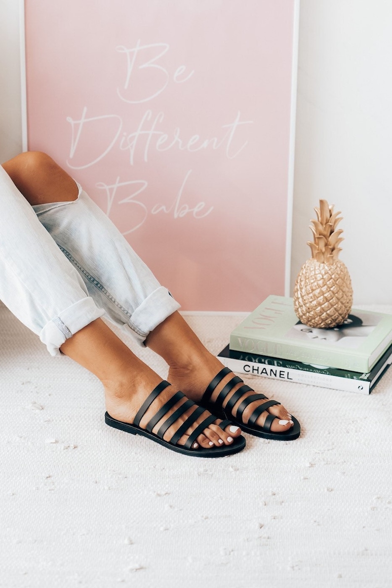 Black sandals,ancient greek style sandals,toe ring classic sandals,black slippers,strappy sandals,black slides image 1
