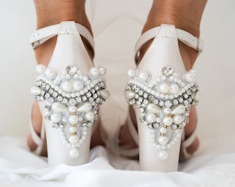 Block heel ivory leather wedding shoes,"Phoebe" hand decorated with pearl trim, handmade off white leather sandals, bridal comfortable shoes