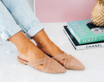 Light brown X mules, Women's suede Leather Mules, Soft suede Mules, Women's Mules, Slippers, Slides, made from Greek Leather,gift for her