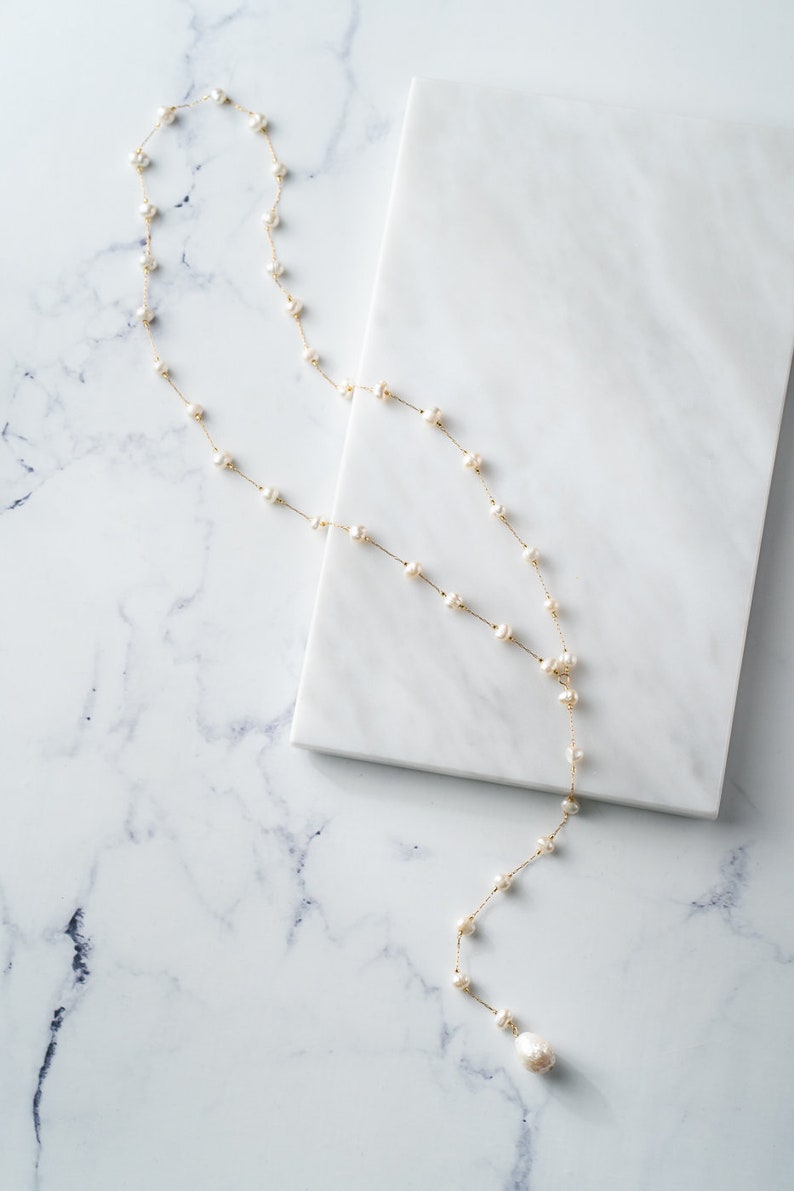 Collier de perles d'eau douce, tour de cou perle lariat, cadeau pour elle, collier délicat, perles délicates, collier chaîne en or, collier chaîne en argent image 8