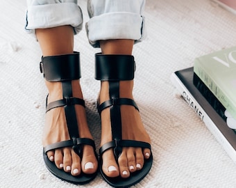 Black Leather Sandals, Ankle bracelet sandal, summer sandals, gift for her