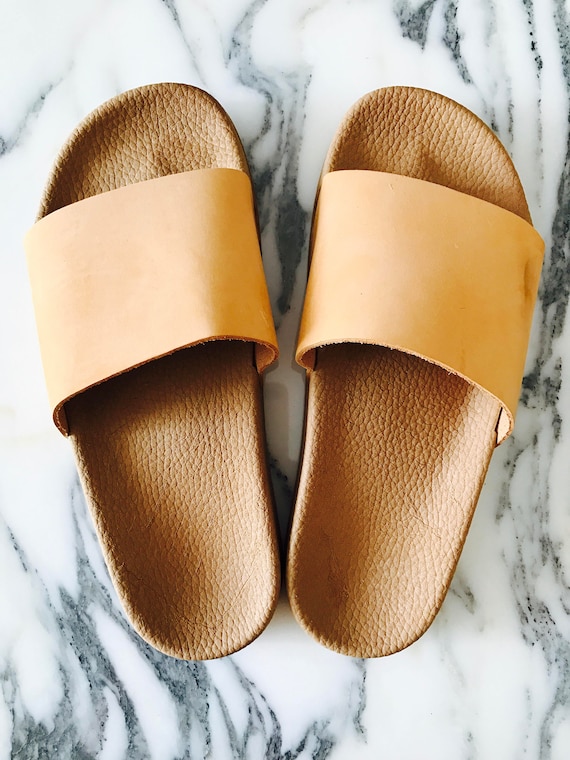Tobacco Brown Platform Sliders Nubuck Pool Slides Flat Leather Slipper Sandals rubber Slipers Etsy