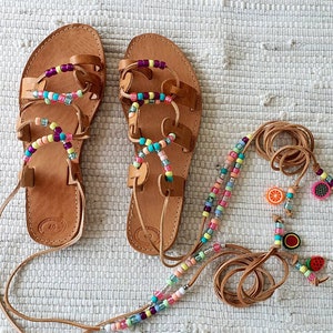 Rainbow tie up sandals, greek leather sandals, boho sandals,beach sandals,gift for her,beaded sandals , beaded laces image 9