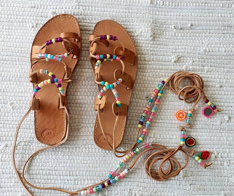 Rainbow tie up sandals, greek leather sandals, boho sandals,beach sandals,gift for her,beaded sandals , beaded laces image 9