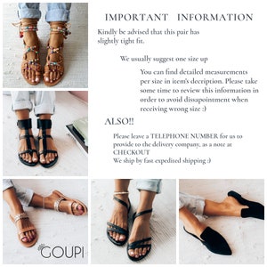 Puede incluir: Primer plano de tres pares de sandalias. Las sandalias son todas de cuero negro con una variedad de correas. Las sandalias est&aacute;n sobre un fondo blanco. El texto "IMPORTANT INFORMATION" es visible en la imagen. El texto dice: "Tenga en cuenta que este par es ligeramente ajustado. Normalmente sugerimos una talla m&aacute;s grande. Puede encontrar medidas detalladas por talla en la descripci&oacute;n del art&iacute;culo. Por favor, t&oacute;mese su tiempo para revisar esta informaci&oacute;n para evitar decepciones al recibir la talla incorrecta :) &iexcl;TAMBI&Eacute;N! Por favor, deje un N&Uacute;MERO DE TEL&Eacute;FONO para que podamos proporcionarlo a la empresa de entrega, como una nota en el PAGO Enviamos por env&iacute;o r&aacute;pido :)"