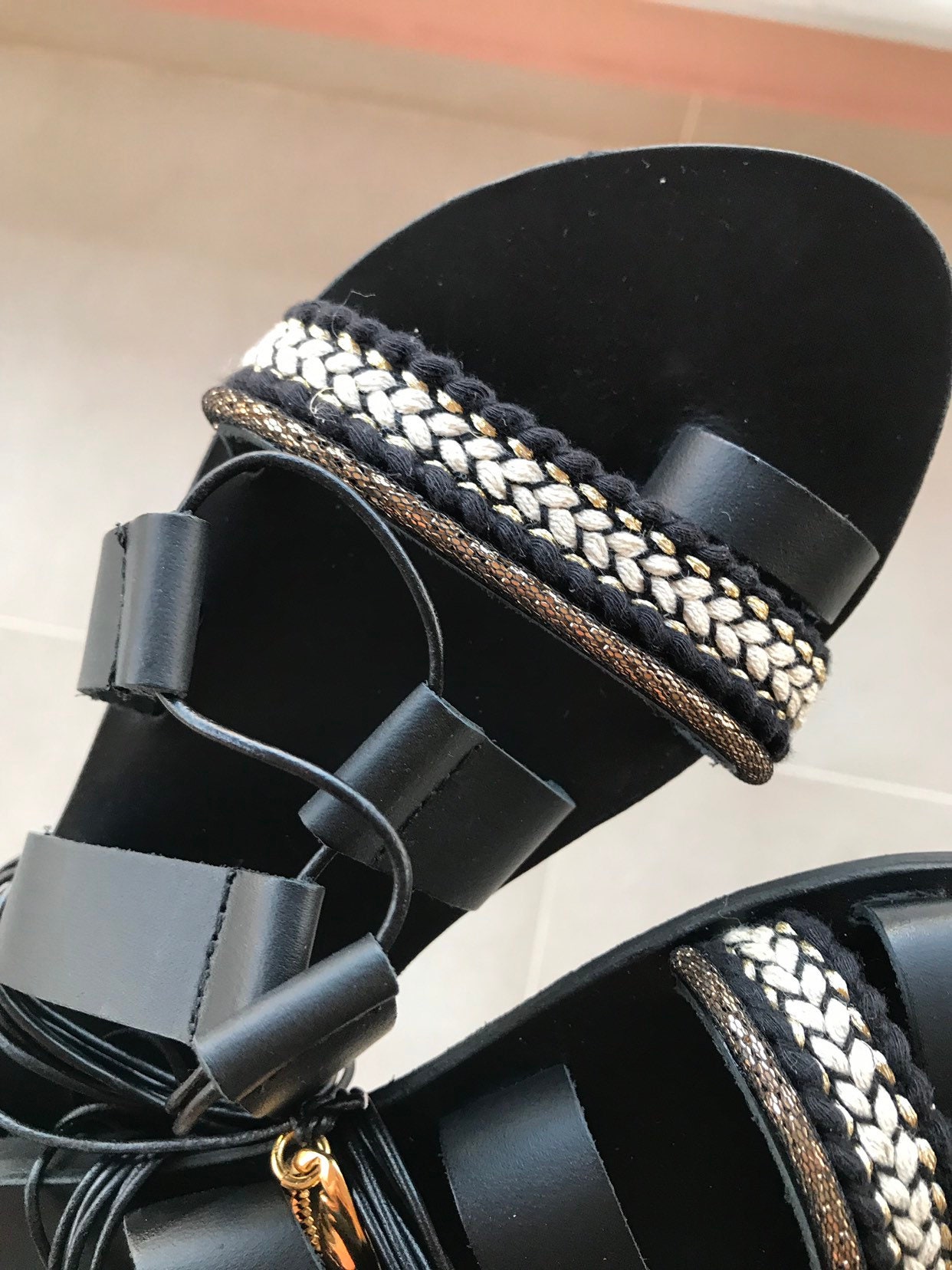 Genuine Leather Sandalsblack Tie Ups Shell Sandals | Etsy