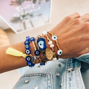 Beaded eye bracelets ,hematite beads,handmade evil eye bracelets, stackable bracelets, protection bracelets,gift for her ,beach jewelry image 5