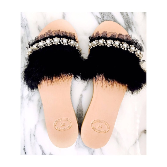 Handmade greek sandals, "Evelyn", feather slides, open toe slides, pearl shoes , artisanal sandals