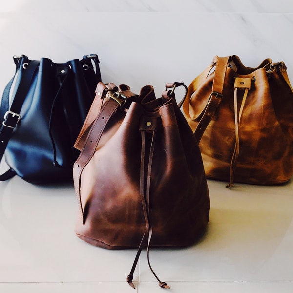 Real Leather bucket bag, Greek Leather Crossbody Bag, Women's Shoulder Bag in two sizes,small and large women's bag