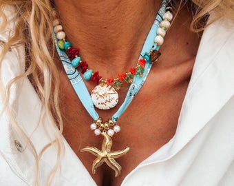 Turquoise aqua zeemeermin kettingen, sjaalketting en ketting met schelpkralen, oceaansieraden, verjaardagscadeau, jubileumcadeau, grote gouden zeester