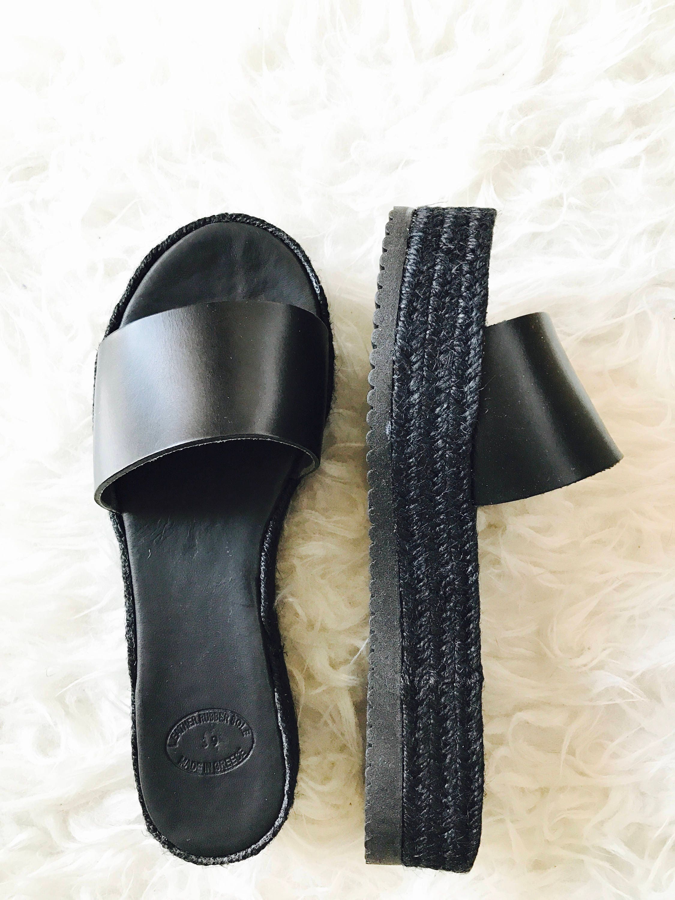 Black Open toe slides greek leather sandals black espadrille | Etsy