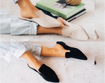 Suede mules in black and beige, Women's Mules, Soft Mules, Women's Mules, Slippers, Leather Slides, made from Greek Leather,gift for her