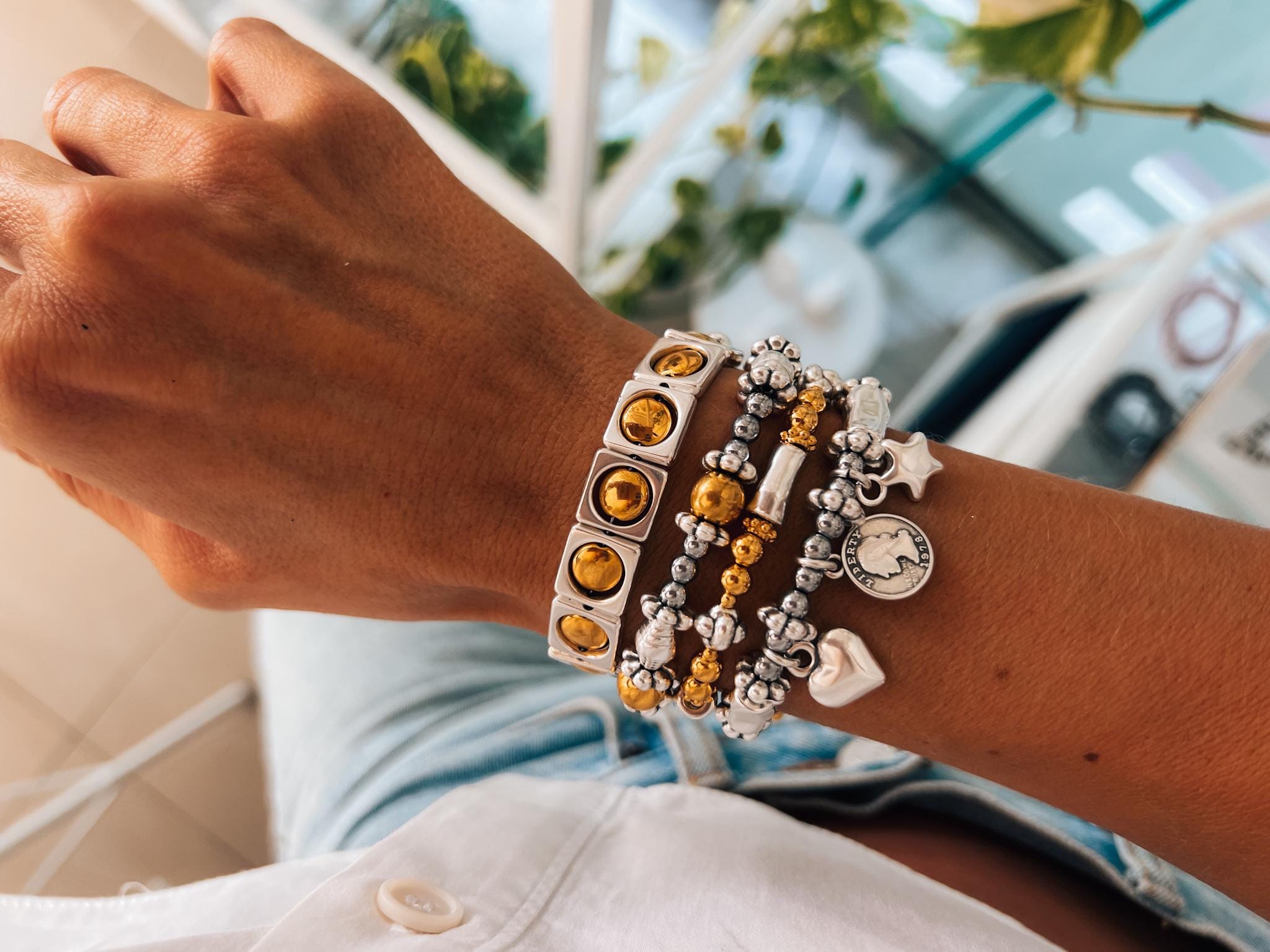 Silver & Gold Charm Bracelet | Stackable Beaded Layering Bracelets - Etsy