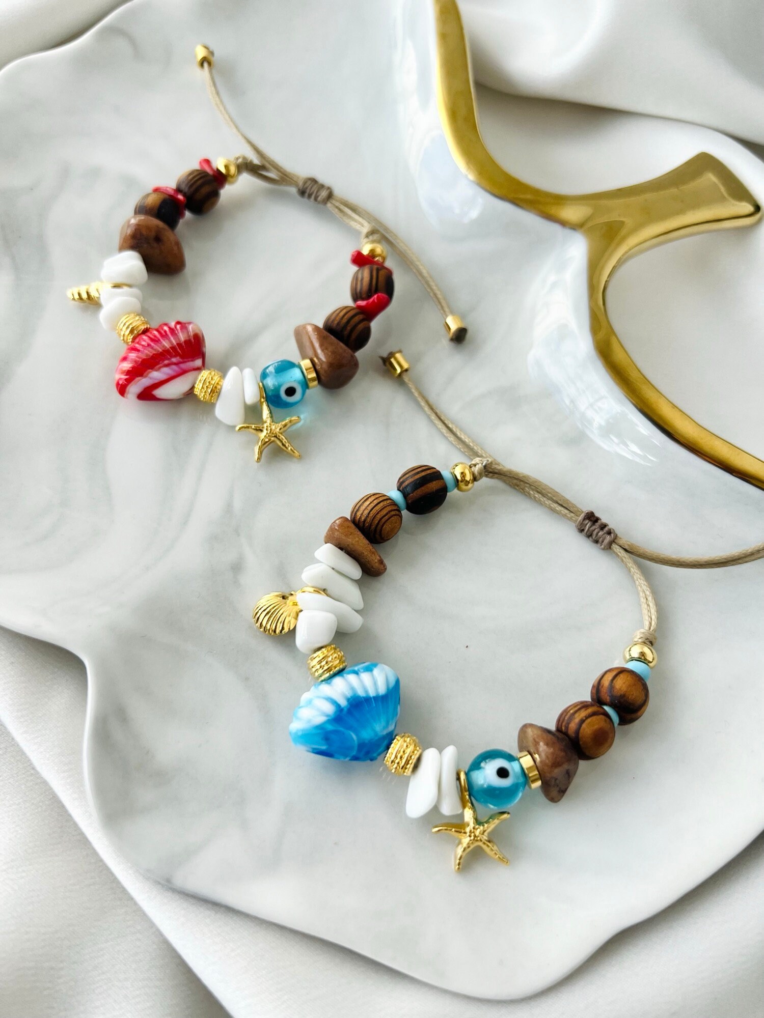 KELITCH Bracciale Donna Perle Ciprea Conchiglia Oro - Regolabile Fatto A Mano