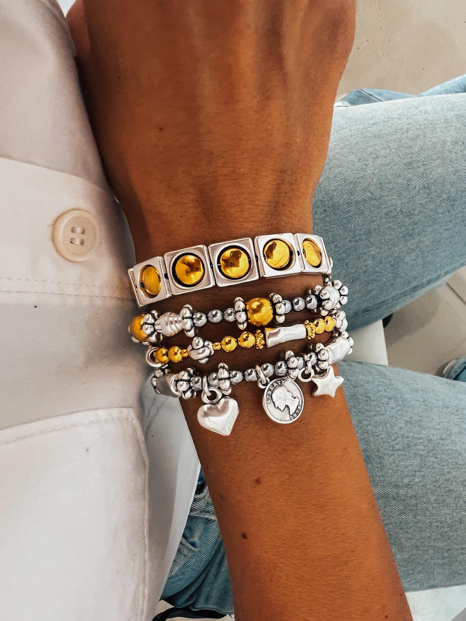 Silver & Gold Charm Bracelet | Stackable Beaded Layering Bracelets - Etsy