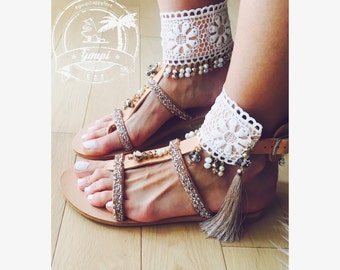 Tahiti bridal leather sandals, greek leather sandals, wedding shoes, tassel sandals for beach brides