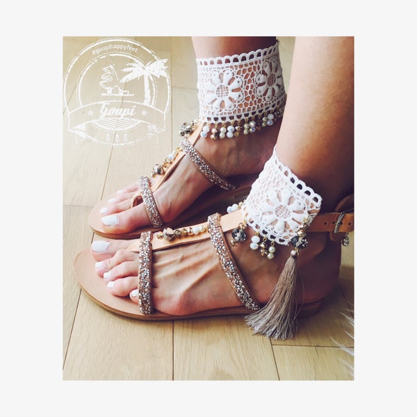 Tahiti bridal leather sandals, greek leather sandals, wedding shoes, tassel sandals for beach brides