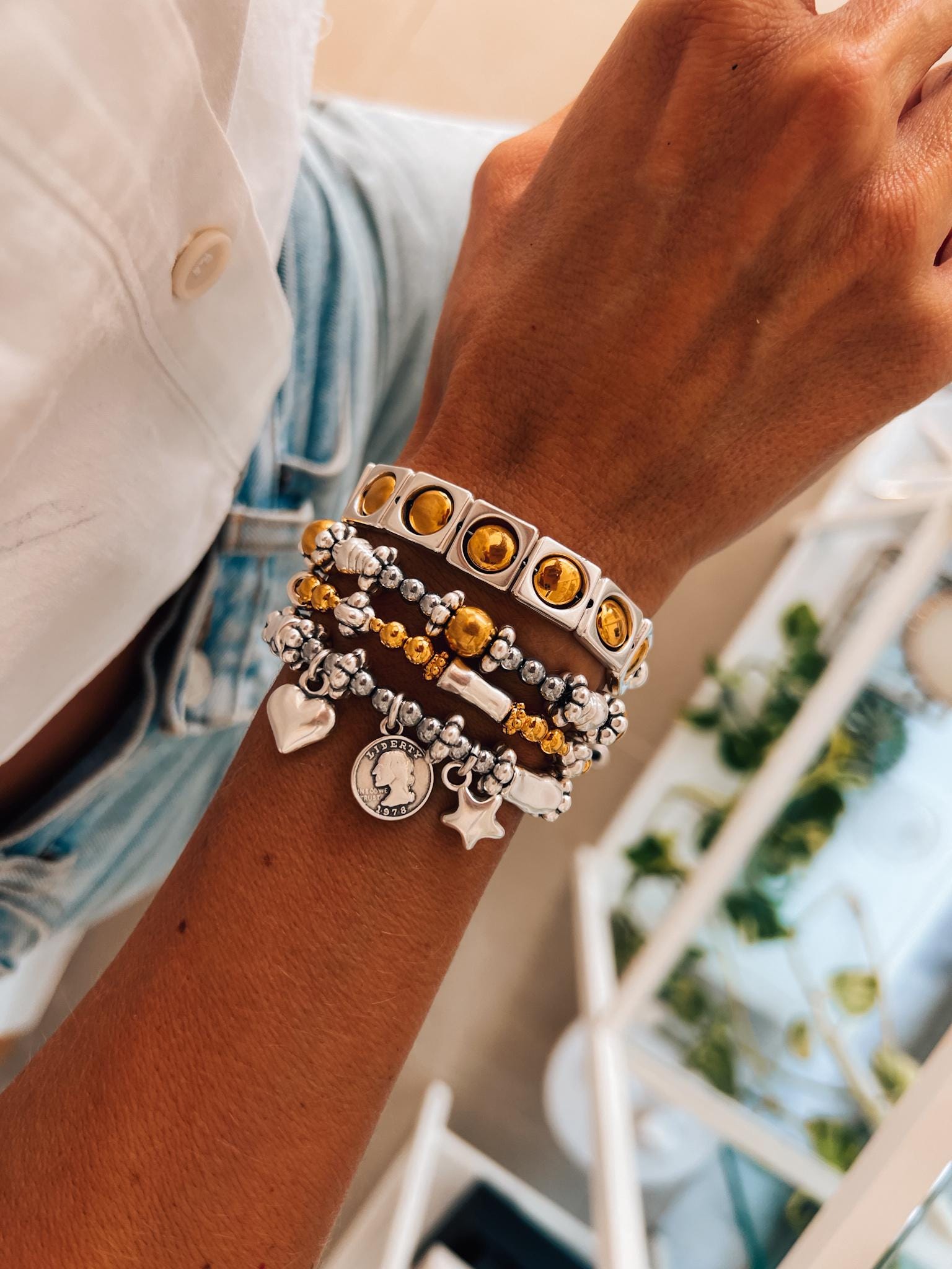 Silver & Gold Charm Bracelet | Stackable Beaded Layering Bracelets - Etsy