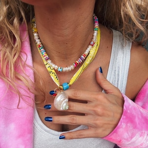 Boho gele bandanaketting, schelpbedel, fimokralen, parelketting