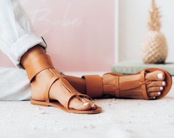 Beige handmade leather sandals, Gladiator sandals, leather statement sandals, gift for her