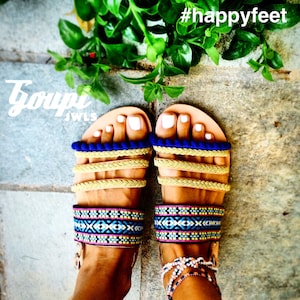 Greek real leather handmade boho sandals,pompomsandals,ethnic sandals,gold braid chic&quot;Yvonne&quot;