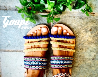 Greek real leather handmade boho sandals,pompomsandals,ethnic sandals,gold braid chic"Yvonne"