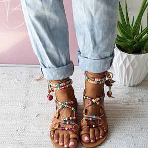Rainbow tie up sandals, greek leather sandals, boho sandals,beach sandals,gift for her,beaded sandals , beaded laces image 3