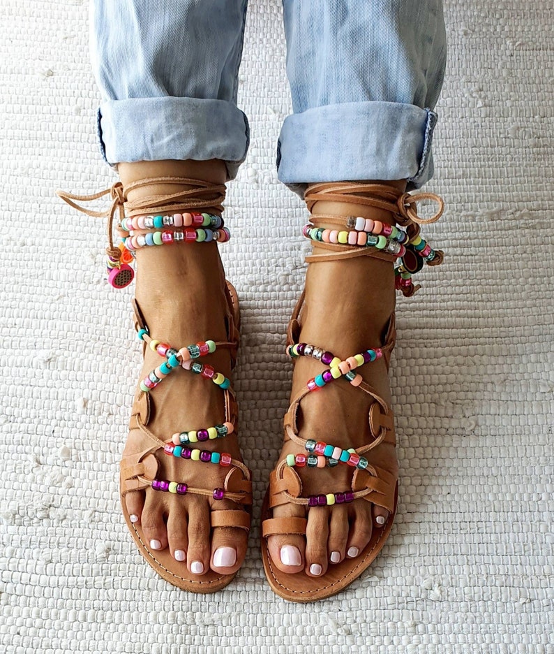 Rainbow tie up sandals, greek leather sandals, boho sandals,beach sandals,gift for her,beaded sandals , beaded laces image 1