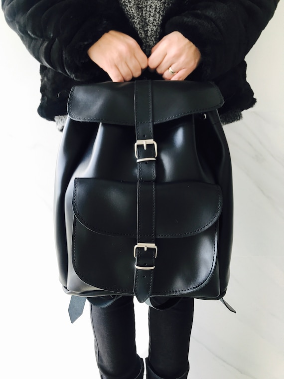 Handmade Black Leather Backpack, Greek Rucksack, Unisex Bag