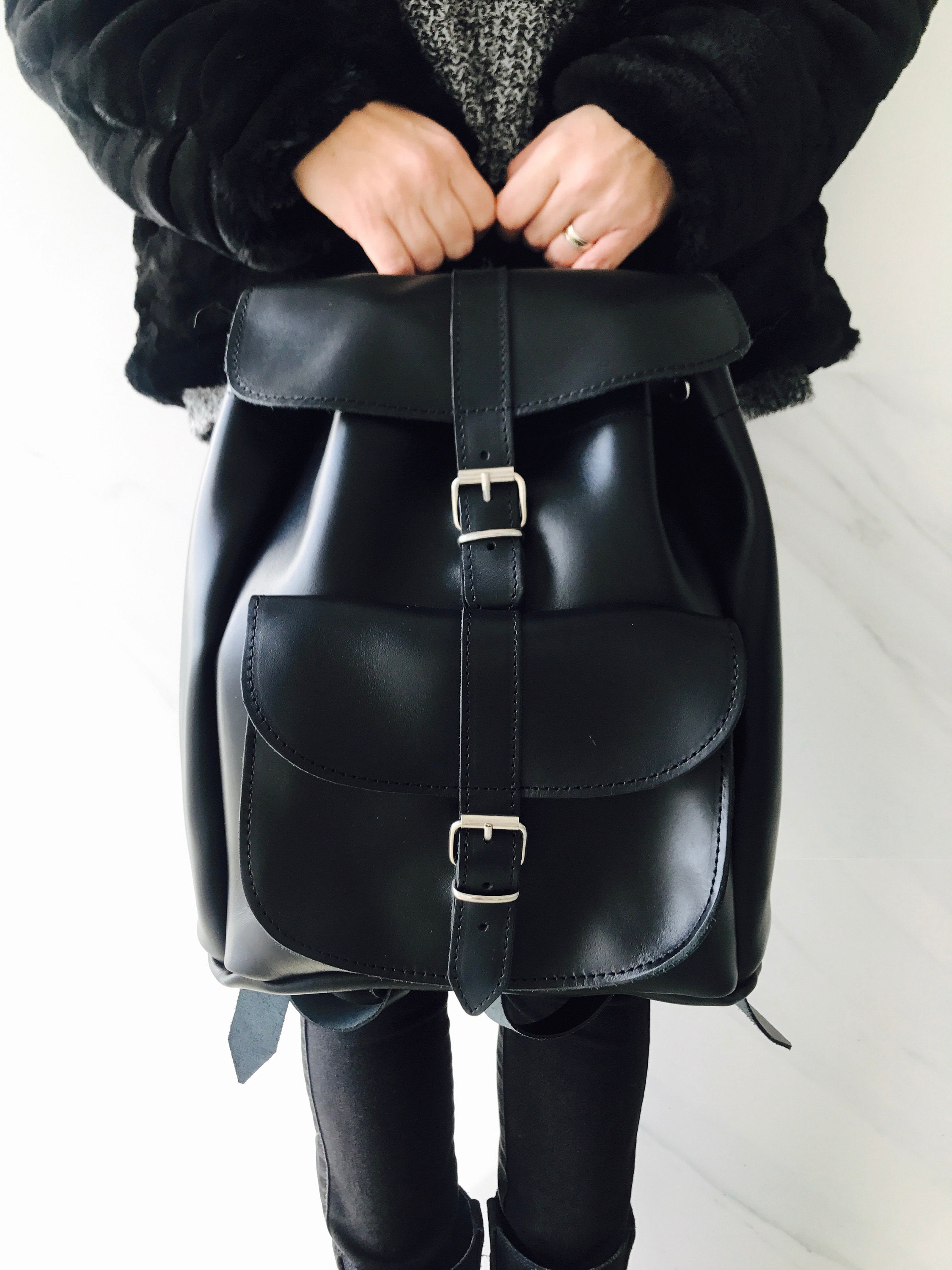 Greek handmade carry/backpack leather bag 8”h 7”l 20 depth new Handmade Black Leather Backpack, Greek Rucksack, Unisex Bag  main image 4