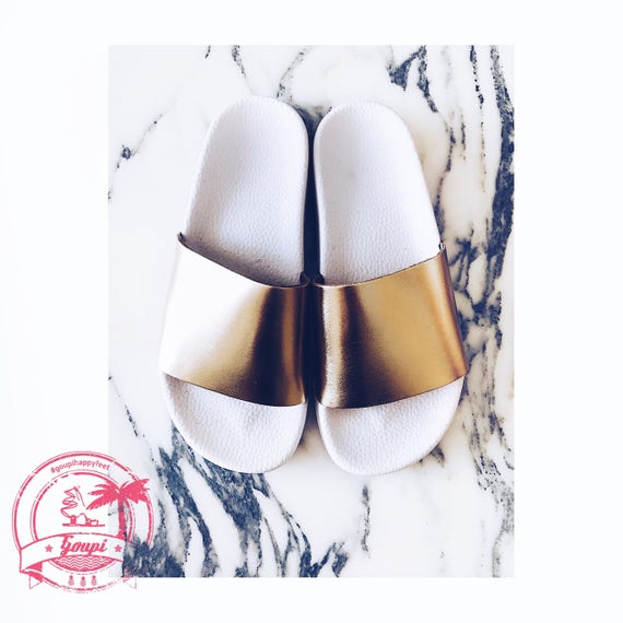 White platform sliders metallic gold 